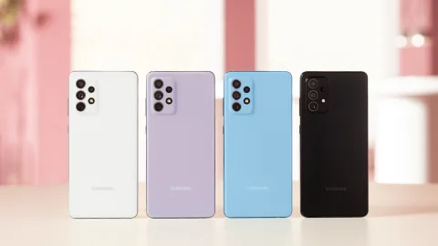 Samsung Galaxy A72 in Awesome White, Violet, Blue and Black, back view