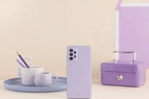 Samsung Galaxy A72 in Awesome Violet, back view