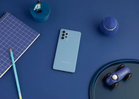Samsung Galaxy A72 in Awesome Blue, back view