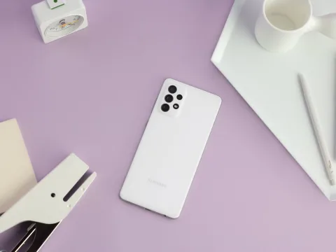 Samsung Galaxy A72 in Awesome White, back view