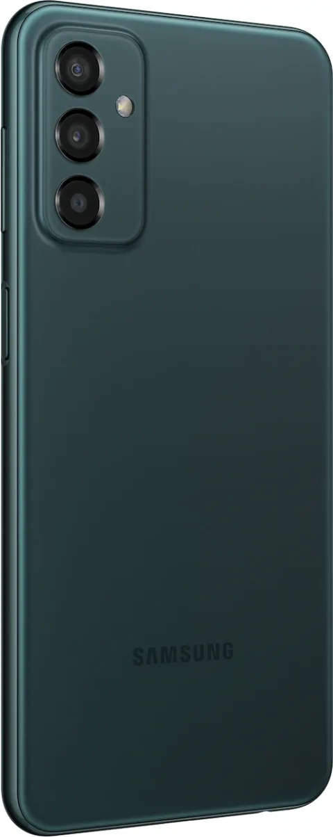 Samsung Galaxy M23 5G in Deep Green, back three-quarter angle
