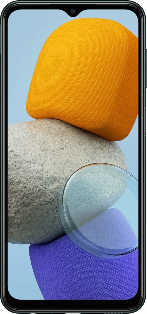 Samsung Galaxy M23 5G in Deep Green, front three-quarter angle