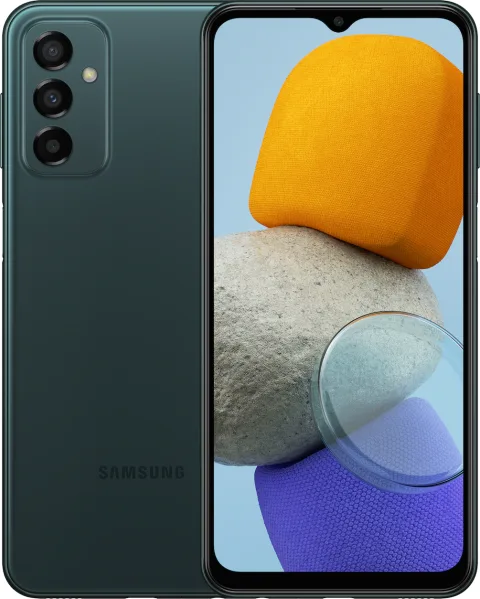 Samsung Galaxy M23 5G in Deep Green, front and back view