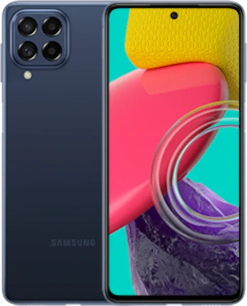 Samsung Galaxy M53 5G in Blue, front and back view