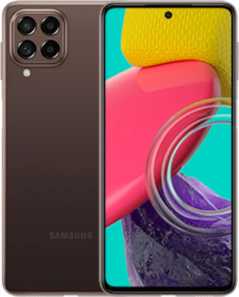 Samsung Galaxy M53 5G in Brown, front and back view