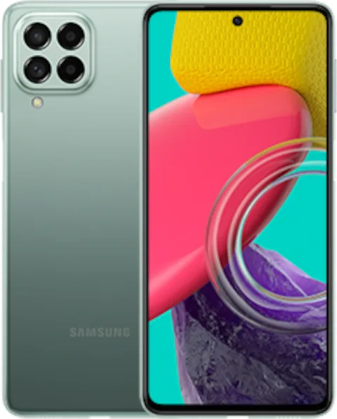 Samsung Galaxy M53 5G in Green, front and back view