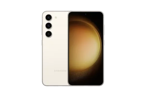 Samsung Galaxy S23 in Cream, front and back