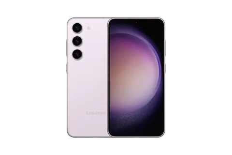 Samsung Galaxy S23 in Lavender, front and back