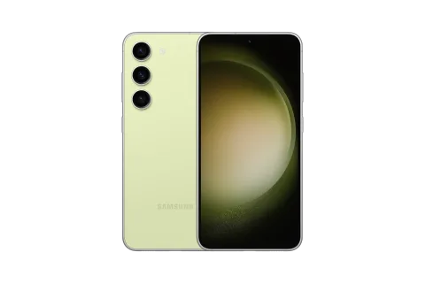 Samsung Galaxy S23 in Lime, front and back