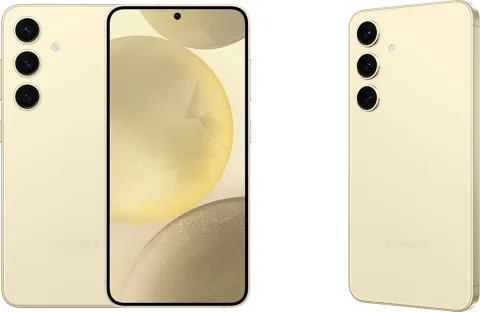 Samsung Galaxy S24 in Amber Yellow, front and back