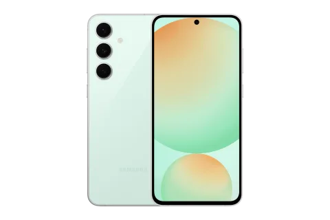 Samsung Galaxy S24 FE in Mint, front and back gallery render