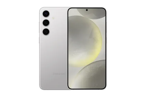 Samsung Galaxy S24+ in Marble Grey, front and back paired studio shot
