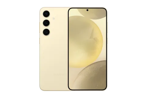 Samsung Galaxy S24+ in Amber Yellow, front and back paired studio shot