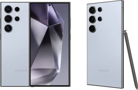 Samsung Galaxy S24 Ultra in Titanium Blue, front and back