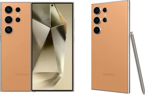 Samsung Galaxy S24 Ultra in Titanium Orange, front and back