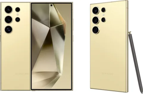 Samsung Galaxy S24 Ultra in Titanium Yellow, front and back