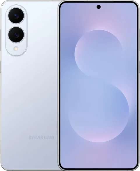 Samsung Galaxy S25 Edge in Icyblue, front and back paired studio shot