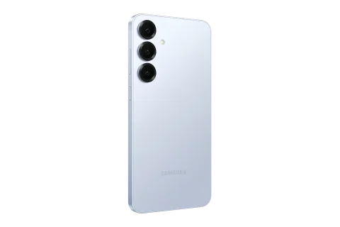 Samsung Galaxy S25+ in Icyblue, back, three-quarter angle