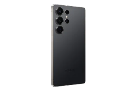 Samsung Galaxy S25 Ultra in Titanium Black, back, three-quarter left angle