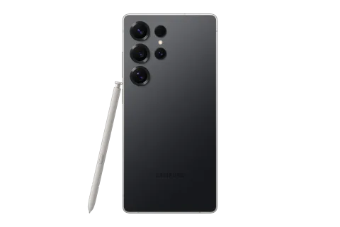 Samsung Galaxy S25 Ultra in Titanium Black, back view with S Pen docked