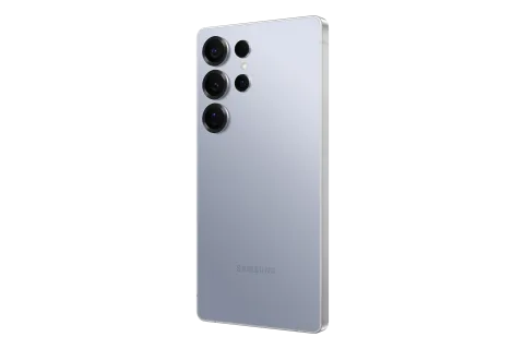 Samsung Galaxy S25 Ultra in Titanium Silverblue, back, three-quarter right angle