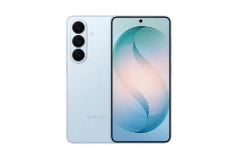 Samsung Galaxy S26 in Sky Blue, front and back of the Samsung Galaxy S26