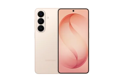 Samsung Galaxy S26 in Pink Gold, front and back of the Samsung Galaxy S26