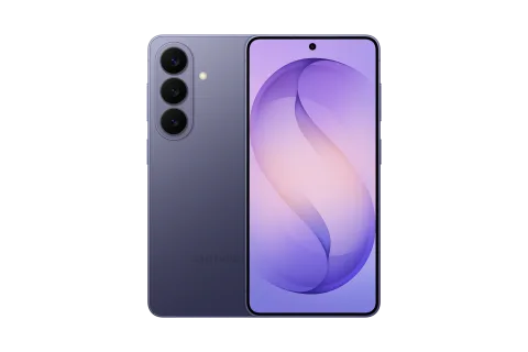 Samsung Galaxy S26 in Cobalt Violet, front and back of the Samsung Galaxy S26