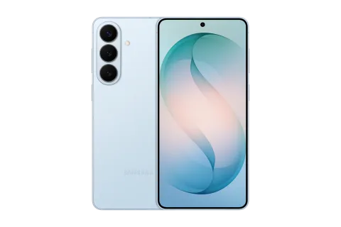 Samsung Galaxy S26+ in Sky Blue, front and back of the Samsung Galaxy S26+