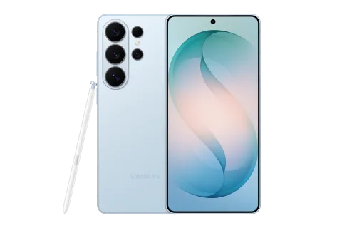 Samsung Galaxy S26 Ultra in Sky Blue, front and back of the Samsung Galaxy S26 Ultra, with S Pen