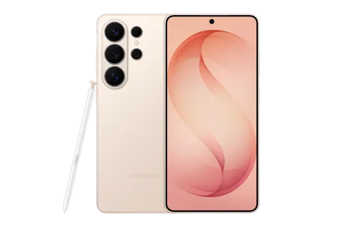 Samsung Galaxy S26 Ultra in Pink Gold, front and back of the Samsung Galaxy S26 Ultra, with S Pen