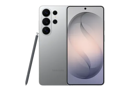 Samsung Galaxy S26 Ultra in Silver Shadow, front and back of the Samsung Galaxy S26 Ultra, with S Pen