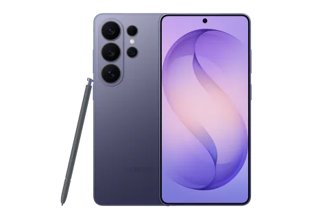 Samsung Galaxy S26 Ultra in Cobalt Violet, front and back of the Samsung Galaxy S26 Ultra, with S Pen