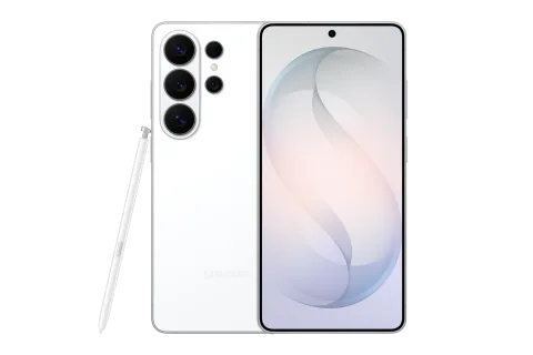 Samsung Galaxy S26 Ultra in White, front and back of the Samsung Galaxy S26 Ultra, with S Pen