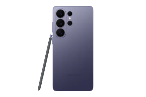 Samsung Galaxy S26 Ultra in Cobalt Violet, back panel of the Samsung Galaxy S26 Ultra with the S Pen alongside it