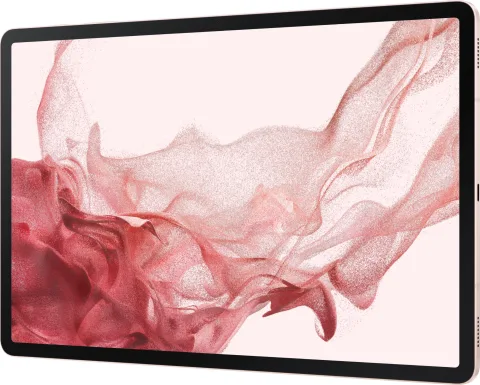 Samsung Galaxy Tab S8 in Pink Gold, three-quarter rear view