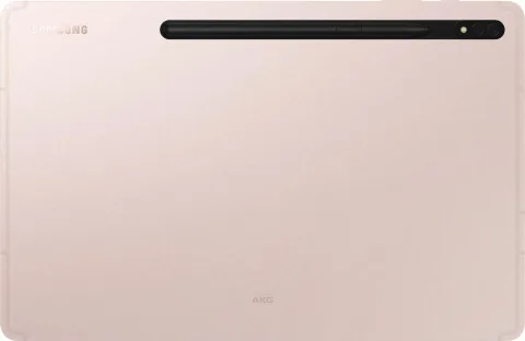 Samsung Galaxy Tab S8 in Pink Gold, back view with S Pen