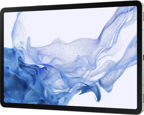 Samsung Galaxy Tab S8 in Silver, three-quarter rear view