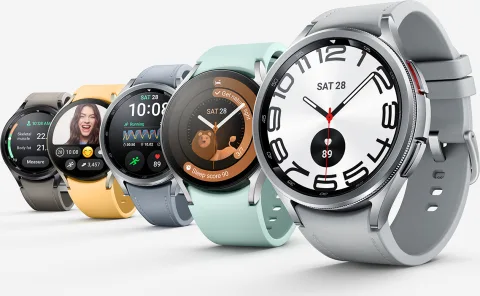 Samsung Galaxy Watch6 lineup in five strap colourways, front angled view