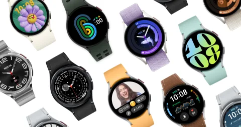 Samsung Galaxy Watch6 in Silver, macro detail view of case and watch face