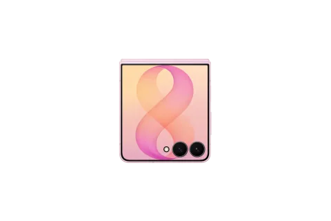 Samsung Galaxy Z Flip8 in Pink, closed, FlexWindow cover screen and dual camera facing forward