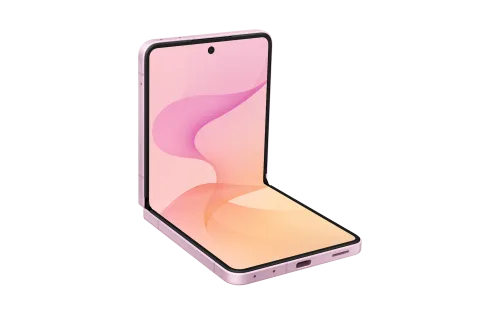 Samsung Galaxy Z Flip8 in Pink, unfolded at an angle in Flex Mode, three-quarter view