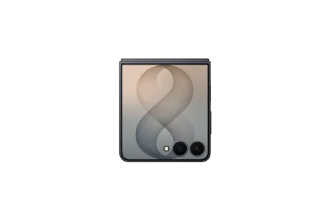 Samsung Galaxy Z Flip8 in Graphite, closed, FlexWindow cover screen and dual camera facing forward