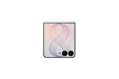 Samsung Galaxy Z Flip8 in Cream, closed, FlexWindow cover screen and dual camera facing forward
