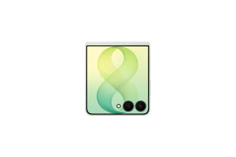 Samsung Galaxy Z Flip8 in Mint, closed, FlexWindow cover screen and dual camera facing forward