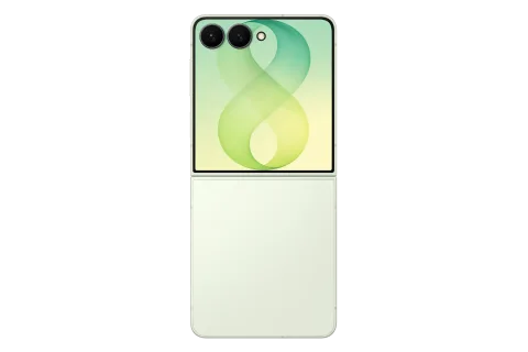 Samsung Galaxy Z Flip8 in Mint, unfolded flat, viewed from the cover-screen side