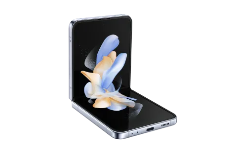 Galaxy Z Flip4 in Blue, half-folded flex mode view