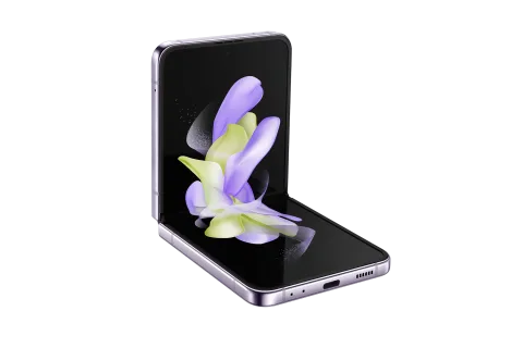 Galaxy Z Flip4 in Bora Purple, half-folded flex mode view