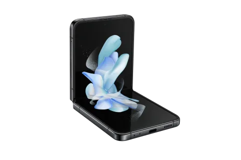 Galaxy Z Flip4 in Graphite, half-folded flex mode view