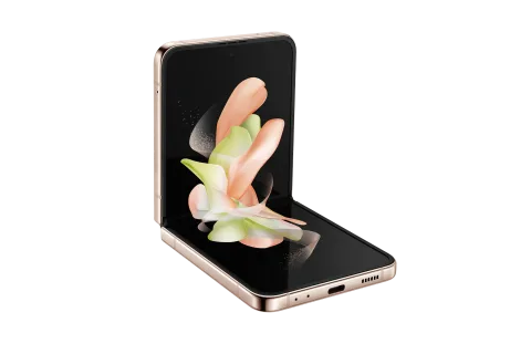 Galaxy Z Flip4 in Pink Gold, half-folded flex mode view